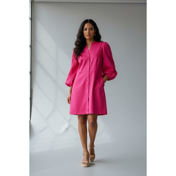 Alden Adair Dresses & Skirts - ALDEN ADAIR Hot Pink Button Front Puff Sleeve Mini Dress Size L